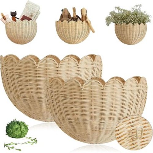 Scalloped Wall Basket, Scalloped Hanging Wicker Baskets for Wall, Hand Scalloped Modern Simplicity Wicker Wall Basket Home Decor for Entryway, Kitchen, Office, Living Room