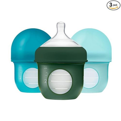 Boon Nursh Reusable Silicone Pouch Baby Bottles - Slow Flow Nipple - Silicone Baby Bottle Pouch and Nipple - Baby Feeding Essentials - Blue - 0-3 Months - 3 Count - 4 Ounce