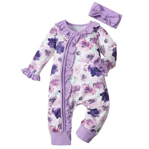 Infant Newborn Baby Girl Clothes Onesies for Baby Girl Long Sleeve Ruffle Baby Clothes with Headband Baby Clothes for Girls