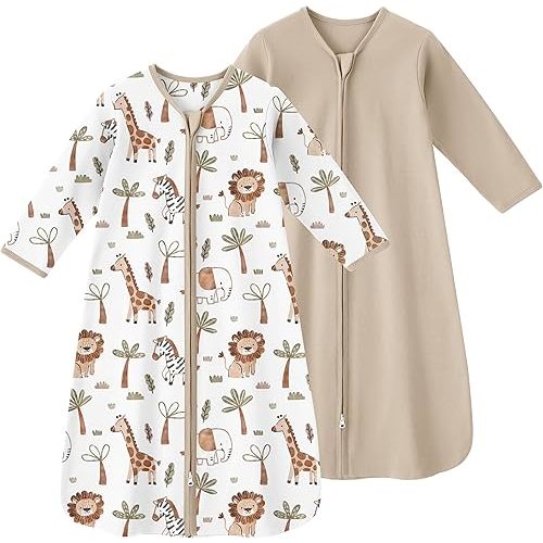 Baby Sleep Sack 0-6 Months, Long Sleeve Baby Wearable Blanket 0.5 Tog with Mittens, 2-Way Zipper Newborn Cotton Sleeping Sack for Boy and Girl Khaki Animal 2 Pack (Small)