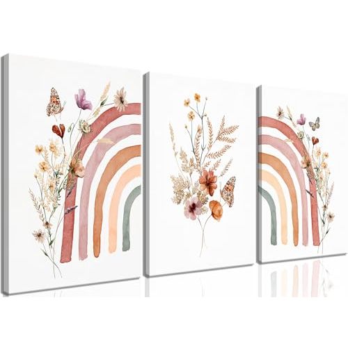 AKWISH Boho Rainbow Wall Art for Girls Room - Set of 3 Framed Wildflower Canvas Prints for Nursery, Baby Girl Room, Kids or Dorm Decor - Soft Pastel Botanical Bohemian Wall Decor 12x16in