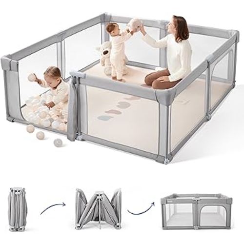 Sweeby Baby Playpen, 79x71 Inch Gate Foldable for Babies and Toddlers, Extra Large with Door Play Yard for Fence Indoor and Outdoor, Gray