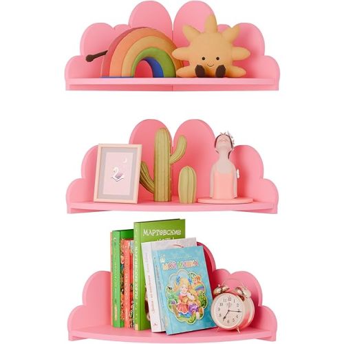 Cloud Floating Corner Shelves - Set of 3 Cloud Corner Wall Shelves for Kid’s Room, Corner Shelf Nursery Wall Deor, Small Cute Cloud Dispaly Shelf Wall Mounted for Toys, Plants & Storage,Pink.
