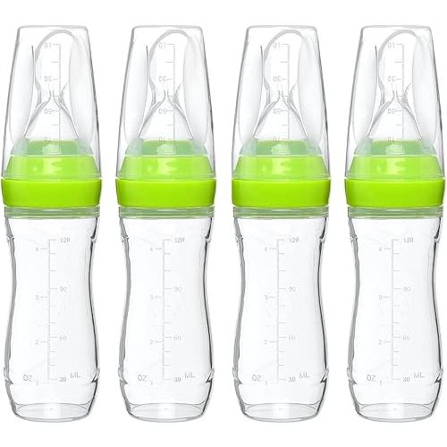 – Baby Food Dispensing Spoon – Mess-Free Feeding – Silicone Baby Food Dispenser for 4+ Months – Precise Food-Release Bottle Spoon Feeder – Straining Baby Squeeze Spoon (Green, 4 Pack)