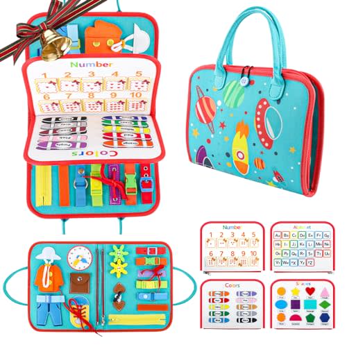 FASTSPOK Busy Board Montessori Toys for 1 2 3 4 Year Old Boy & Girl Birthday Gifts, Busy Book for Toddlers 1-3, Sensory Educational Travel Toys, Preschool Activities for Learning Fine Motor Skills