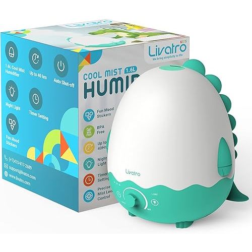 Humidifiers for Baby with Diffuser, Ultrasonic Quiet Air Kids Humidifier for Bedroom Nursery with Night Light, Timer, and Auto-Shut Off, Last up to 40Hours, BPA FREE, Dinosaur with Fun Stickers