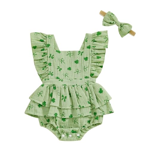 FEIBEL Baby Girls Flutter Sleeve Ruffles Layered Romper Dress Cute Patterns Printed Holiday Outfit with Headband
