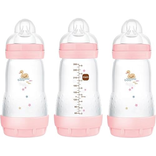 MAM Easy Start Anti-Colic Bottle , Baby Essentials, Medium Flow Bottles with Silicone Nipple, Baby Bottles for Baby Girl, Peach, 9 oz (3-Count)