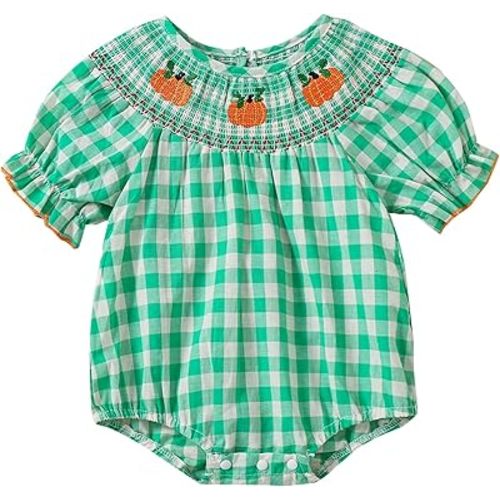 FIOMVA Toddler Baby Girl Clothes Summer Smocked Bubble Romper Embroidery Onesie Short Sleeve Bodysuit Cute Outfits