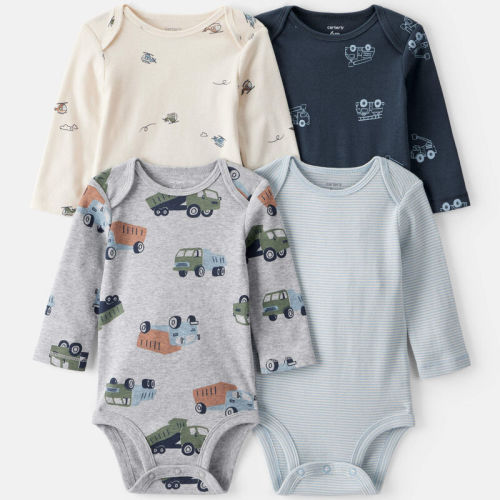 Multi Baby Boy 4-Pack Construction Print Long-Sleeve Multipack Bodysuits - White/Navy Blue | Carter’s Oshkosh Canada