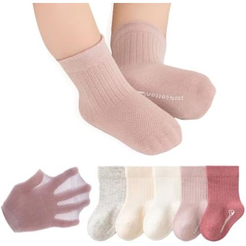Toddler Girls Boys Ankle Socks Mesh Breathable Solid Color Summer Cotton Ribbed Infant Floor Socks, 5 Pairs