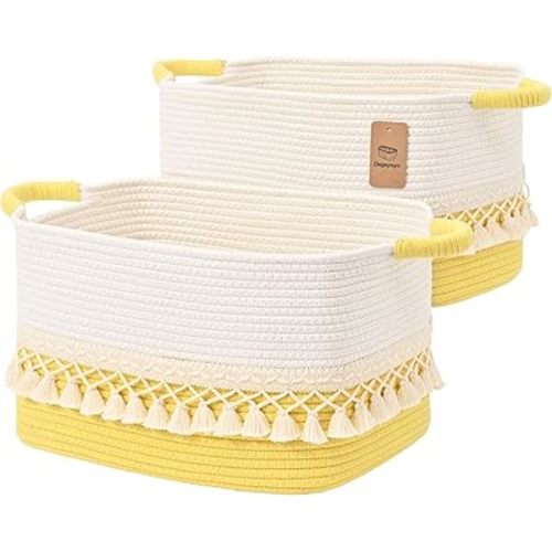 2 Pack Storage Basket for Shelves, Boho Cotton Rope Storage Bins with Heavy Tassel, Shelf Baskets Large Woven Baskets for Organizing, Cube Organizer Bins, Baby Laundry Basket for Clothes, Toys, Pets