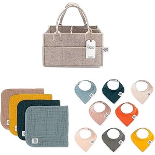 Parker Baby Co. Bundle Gift Set - Dune Gift Set- Includes Oatmeal Diaper Caddy, Bandana Bibs, Burp Cloths