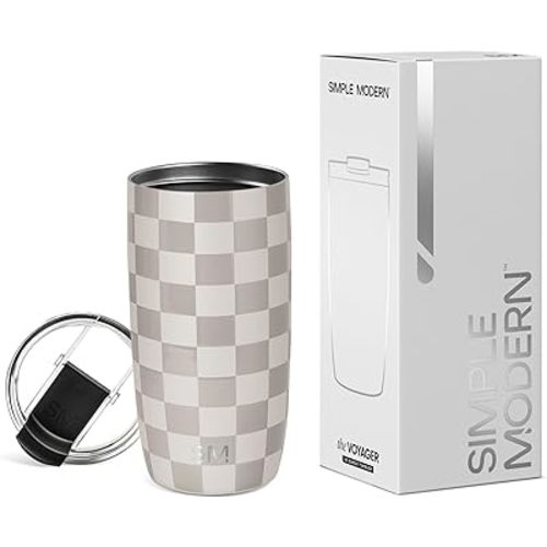 Simple Modern Travel Coffee Mug Tumbler with Flip Lid | Reusable Insulated Stainless Steel Cold Brew Iced Coffee Cup Thermos | Gifts for Women Men Him Her | Voyager Collection | 16oz | Checkmate