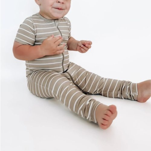 LB x Baby Breez Short Sleeve Pinstripe Romper Pajamas - Khaki Green and White