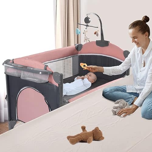 5 in 1 Baby Crib,Baby Bassinet, Bedside Cribs, Pack and Play with Changing Table, Portable Travel Baby Bassinet Toys & Music Box,Mattress for Girl Boy Infant Newborn (Pink)