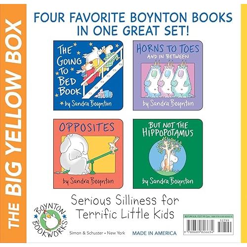Boynton's Greatest Hits The Big Yellow Box (Boxed Set): The Going to Bed Book; Horns to Toes; Opposites; But Not the Hippopotamus Board book – September 1, 1999