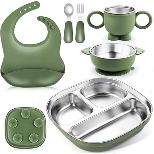 Stainless Steel Kids Plates and Bowls, 6 Pcs Baby Tableware Set Contain Deep-Divide Toddler Plates, Bowls, Cup, Utensils & Bib – BPA-Free 304 Steel + Silicone Suction – Dishwasher Safe
