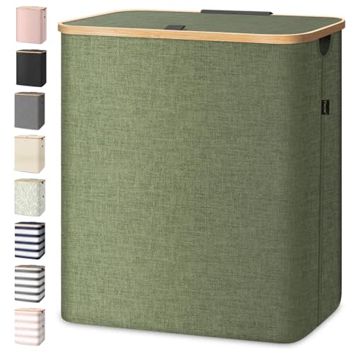 BALEINE Laundry Hamper with Lid, Tall Laundry Baskets with Bamboo Pull Handles, Large Laundry Bin with Internal Support (36 Gal/140L, Green)