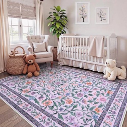 Lahome 8'x10' Boho Purple Floral Area Rug, Machine Washable Large Rug for Living Room - Soft Ultra-Thin Non-Slip Carpet for Bedroom, Nursery, Office & Dining Room,Purple