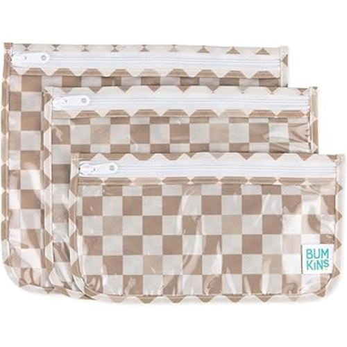 Bumkins Travel Bag, Toiletry, TSA Approved Pouch, Zip Bag, Quart Size Airline Compliant, Clear-Sided, Baby, Diaper Bag Organization, Makeup, Accessories, Packing, Set of 3 Sizes, Sand Check