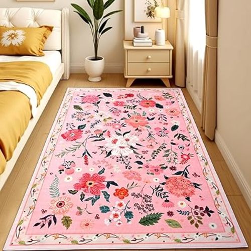 Terrug Floral Washable Area Rug for Bedroom, 3x5 Pink Rug Boho Ultra-Thin Rugs for Entryway, Soft Non Slip Carpet Vintage Rug for Living Room, Entry, Kitchen, College Dorm, Dining Room, Nursery