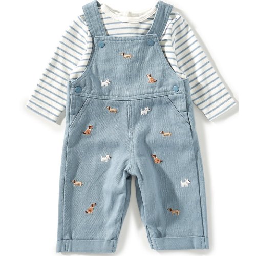 Little Me Baby Boys Long Sleeve Striped T-Shirt & Printed Doggies Overall Set