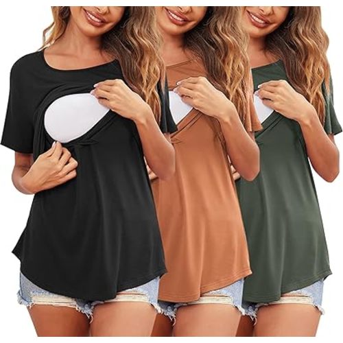 Ekouaer Nursing Shirts for Women 3 Pack Short Sleeves Maternity Blouse Solid Comfy Tops & Tees Orange+Medium Gray+Red M at Amazon Women’s Clothing store