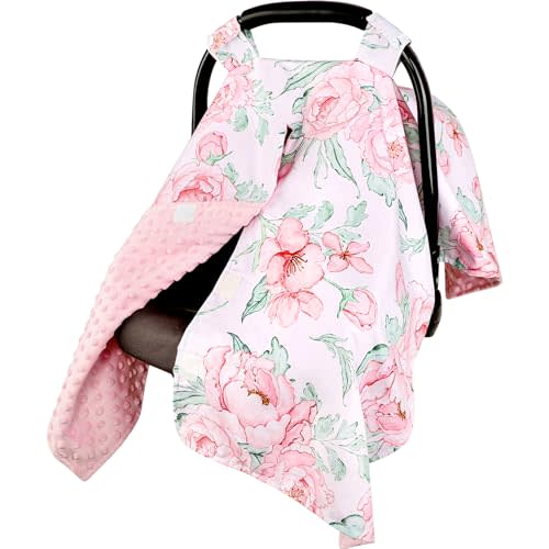 DILIMI Car Seat Cover Baby Girl, Minky Warm Winter Car Seat Covers for Babies, Peekaboo Opening Infant Car Seat Cover, Nursing Cover Carseat Canopy, Pink Flower