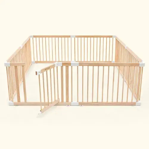 HARPPA Wooden Baby Gate Playpen | Non-Toxic Foldable DIY Adjustable Play Yard for Infants & Toddlers – Natural Finish Baby Fence for Small & Large Spaces