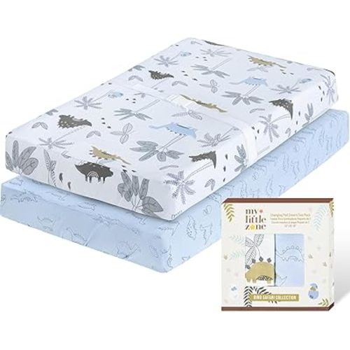 100% Cotton Changing Pad Cover for Baby Boys, Dinosaur Changing Pad Cover - Changing Table Sheets Blue - 2 Pack Changing Table Covers, 32"x16" x 8" Diaper Changing Pad Cover (Dino Safari)
