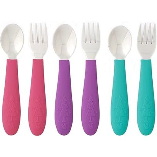 Elk and Friends Kids Silverware with Silicone Handle | Childrens Safe Flatware | Toddler Utensils | Baby Spoons + Forks | Stainless Steel Cutlery