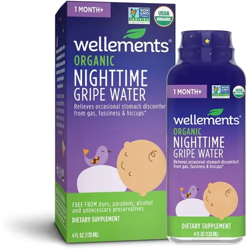 Wellements Organic Nighttime Gripe Water, 4 Fl Oz, Eases Baby's Stomach Discomfort, Free from Dyes, Parabens, Preservatives