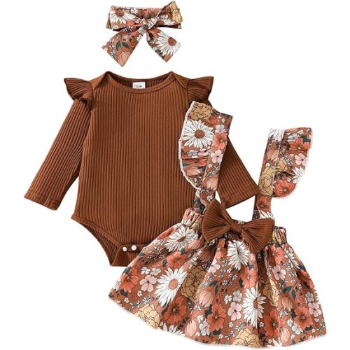 Baby Girl Fall Winter Outfits Newborn Long Sleeve Ruffle Romper Plaid/Floral Suspender Skirt Set 3Pcs Infant Clothes