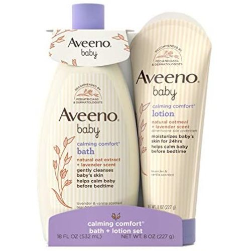Aveeno Baby Calming Comfort Bath & Lotion Set, Night time Baby Skin Care Products with Natural Oat Extract, Lavender & Vanilla Scents, Paraben-Free, 2 Items