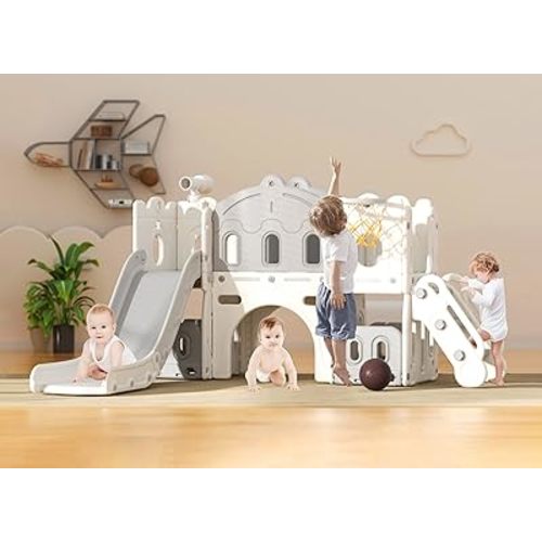 XJD 7 in 1 Toddler Slide Set, Kids Slide for Toddlers Age 1+, Toddler Climber Slide PlaySet with Basketball Hoop and Ball,Outdoor Indoor Playground for Toddlers 1-3