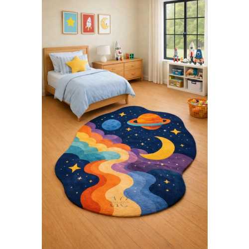 Kids Space Theme Rug Hand Tufted Wool Nursery Playroom Bedroom Carpet Decor