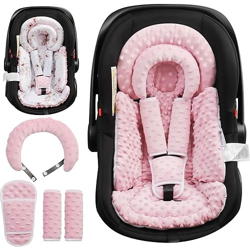 Infant Car Seat Insert with Removable Cushion for Baby Preemie Newborn Infant, Reversible carseat Insert Head Body Support Fits for Stroller, Baby Swing, Rocker, Bouncer, Bassinet - Pink