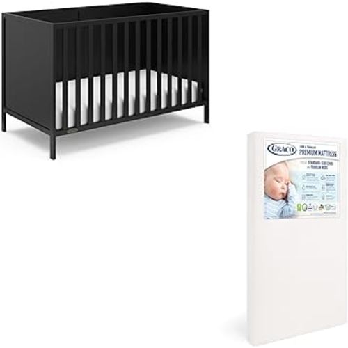 Graco Theo Crib and Mattress Nursery Essentials Pack (Black) – GREENGUARD Gold Certified Baby Crib & Crib Mattress, Cribs with Mattress Included