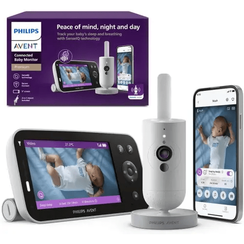 Philips Avent Premium Connected Baby Monitor, with 1080p Camera and App, SenseIQ Sleep and Breathing Rate Tracking, Cry Detection and Translation, Day and Night View, Two-way True Talk Back, SCD973/37