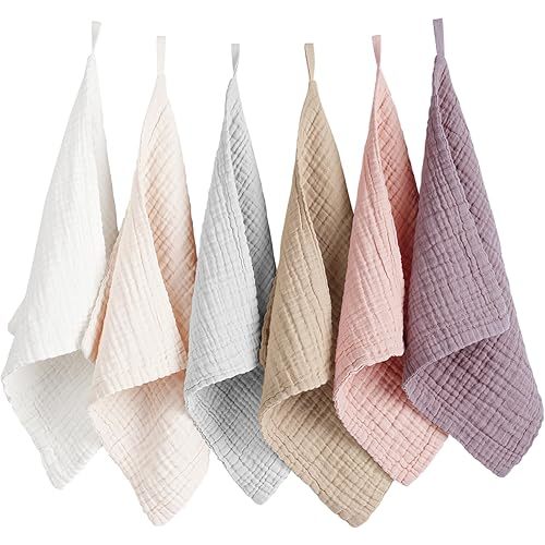 Konssy 6 Pack Baby Muslin Washcloths for Unisex 100% Cotton Wash Cloth Set for Baby Face Body Comfy and Soft for Newborn Infants Kids Girls and Boys