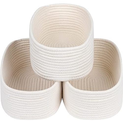 CubesLand Off White Small Storage Baskets for Shelves, Closet Organization Storage Bins Empty Gift Basket Baby Nursery Woven Baskets for Organizing, Rectangular Clothes Closet Shelves Baskets 3 Packs
