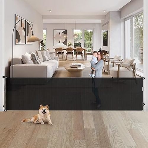 80 Inch Extra Long Retractable Baby Gates Extra Wide Baby Gates for Large Openings Indoor Retractable Dog Gate for The House Extra Wide Dog Gate Outdoor Mesh Pet Gates Child Gate for Kids (Black)