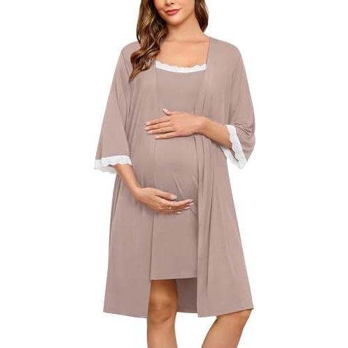 SWOMOG Lace Maternity Nursing Gown and Robe Set Double Layer Labor Delivery Nursing Hospital Nightgowns for Breastfeeding