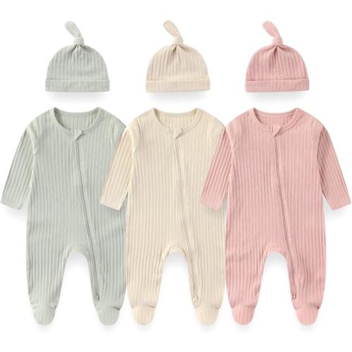 Newborn Baby Long Sleeve Romper 3-Pack with Matching Hats Solid Color Outfits - 0-3
