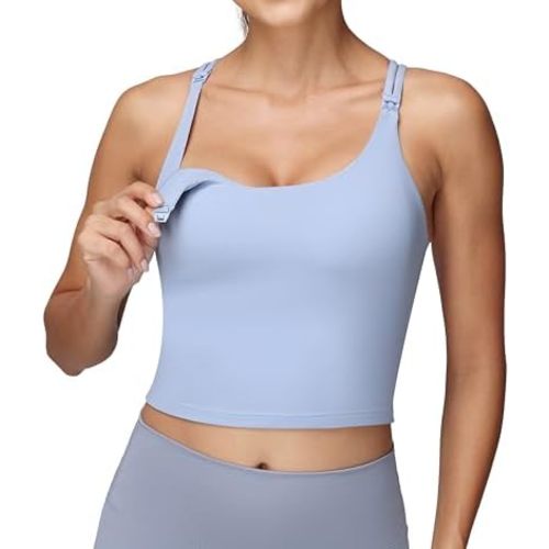 Foucome Nursing Tank Tops for Breastfeeding Longline Nursing Sports Bra Cross Back Workout Crop Top with Built in Bra
