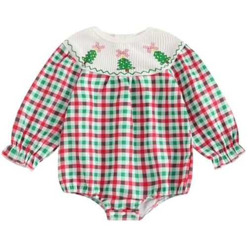 My First Christmas Baby Girl Outfit Newborn Buffalo Plaid Bubble Romper Long Sleeve Round Neck Fall Winter Clothes