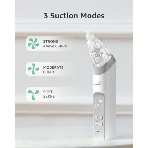 GROWNSY Nasal Aspirator for Baby, Electric Nose Aspirator for Toddler, Baby Nose Sucker, Automatic Nose Cleaner with 3 Silicone Tips, Adjustable Suction Level, Music and Light Soothing Function - Grey