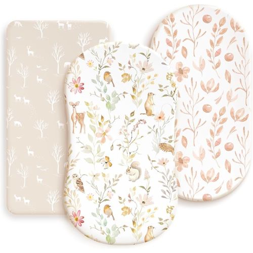 GRSSDER Stretchy Ultra Soft Fitted Bassinet Sheets 3 Pack, Universal Fit for Baby Cradle Moses Basket Oval Rectangle Mattress Safe and Snug, Beautiful Blush Pink Floral Bassinet Sheet for Girls