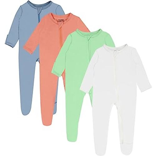 GUISBY Rayon Baby Footed Pajamas with Mitten Cuffs, 2 Way Zipper Long Sleeve Sleepers 4-pack